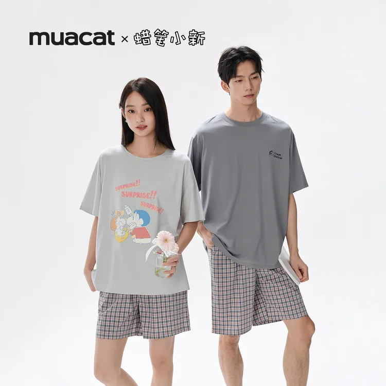 亲嘴猫蜡笔小新休闲短袖短裤可外穿莫代尔棉情侣睡衣家居服套装夏