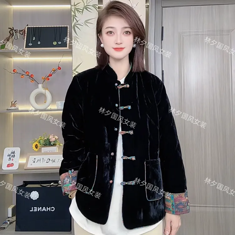 直下摆短外套女装冬季砸格棉服外套新中式复古
