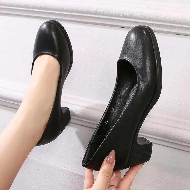 真皮久站不累脚软底中跟粗跟工作鞋黑色工鞋工装职业皮鞋单鞋女鞋