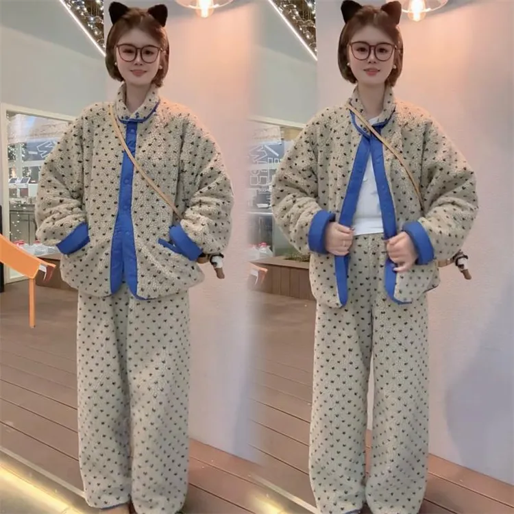 韩版宽松加厚保暖舒适满印爱心双面可穿居家服睡衣套装女秋冬新款