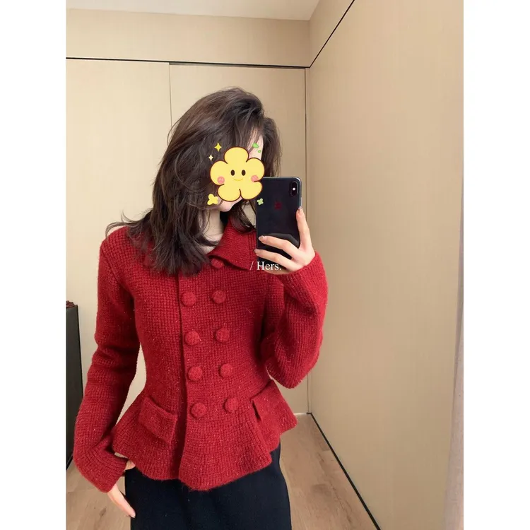 法式小香风气质收腰减龄毛衣开衫女秋冬双排扣洋气外穿长袖上衣