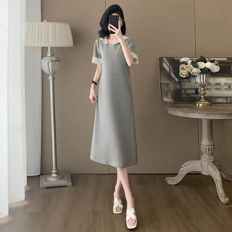 欧货时尚潮流长款连衣裙女夏新款洋气宽松蕾丝拼接连帽短袖休闲裙