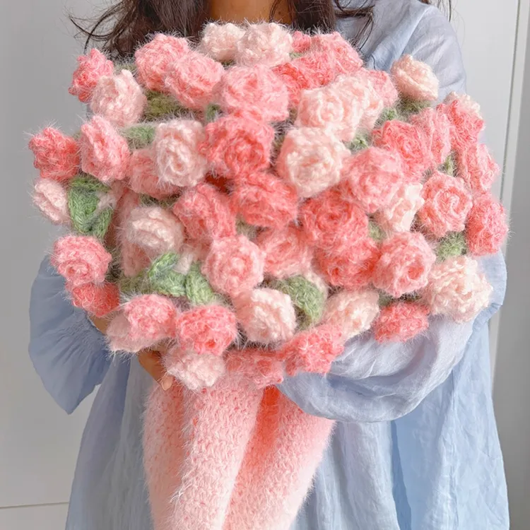 【高端毛绒】成品渐变粉色玫瑰花毯毛线花束毯子生日惊喜送女友礼物