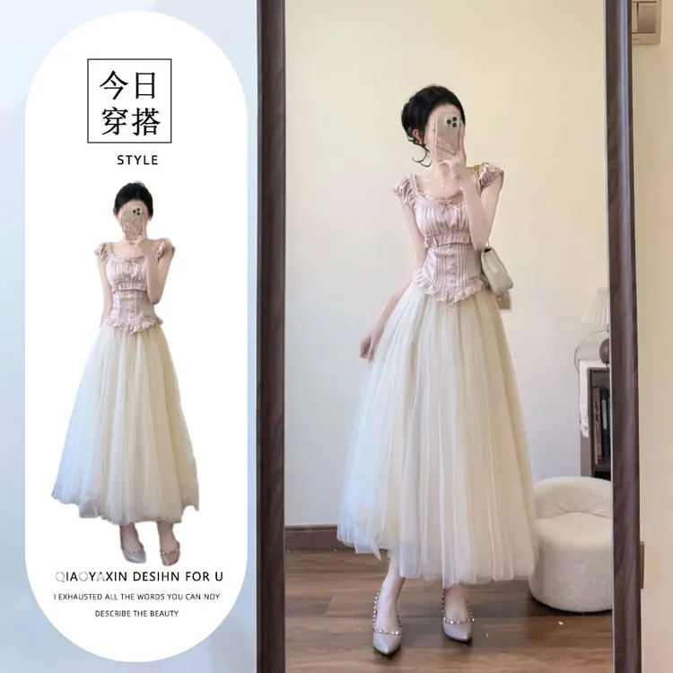 韩系千金感穿搭绝美套装夏季新款超仙收腰上衣高腰a字纱裙两件套