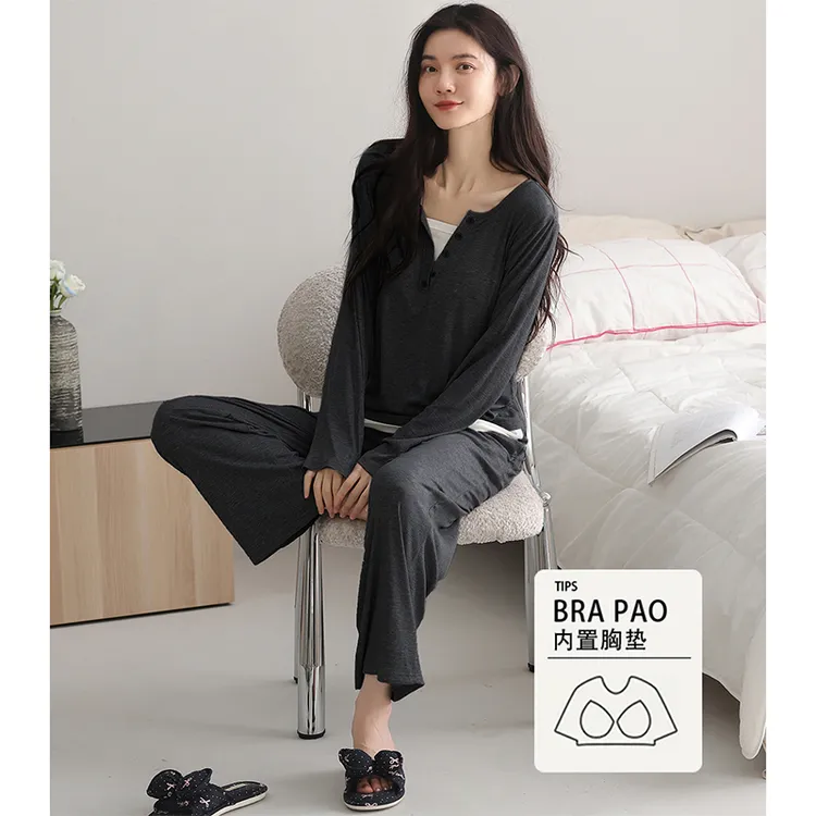 莫代尔胸垫一体假两件睡衣女款春秋季大码休闲可外穿家居服两件套
