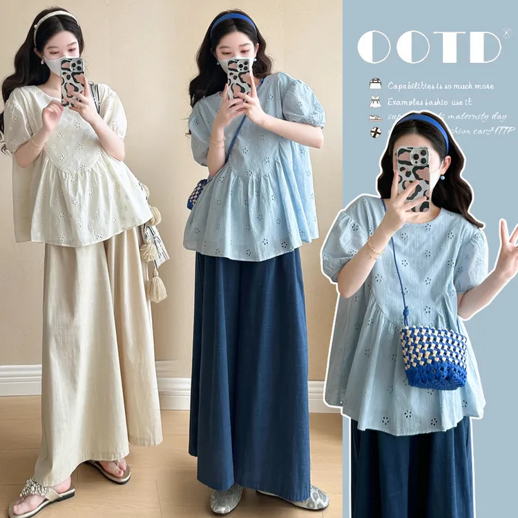 孕妇套装夏装新款时尚韩版宽松慵懒风显瘦镂空刺绣上衣休闲阔腿裤