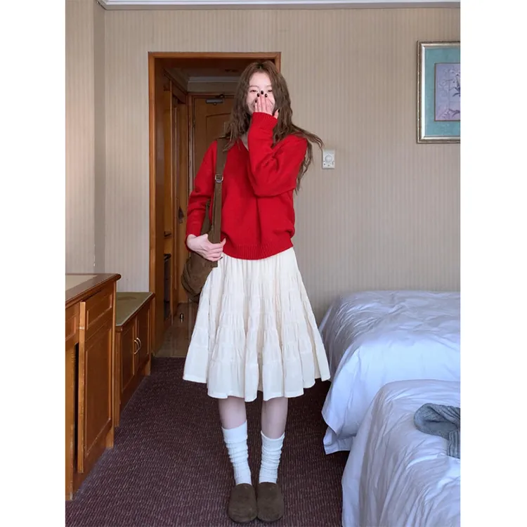 parkyeon秋冬新款圣诞新年红色软糯V领针织衫毛衣高腰半身裙套装