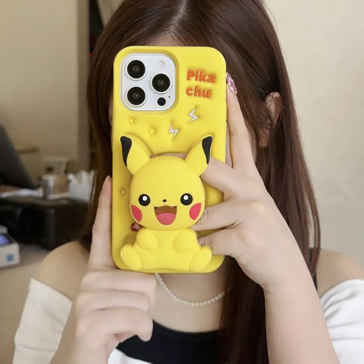 苹果|皮卡丘支架适用iPhone16卡通创意ins韩可爱宝可梦硅胶手机壳