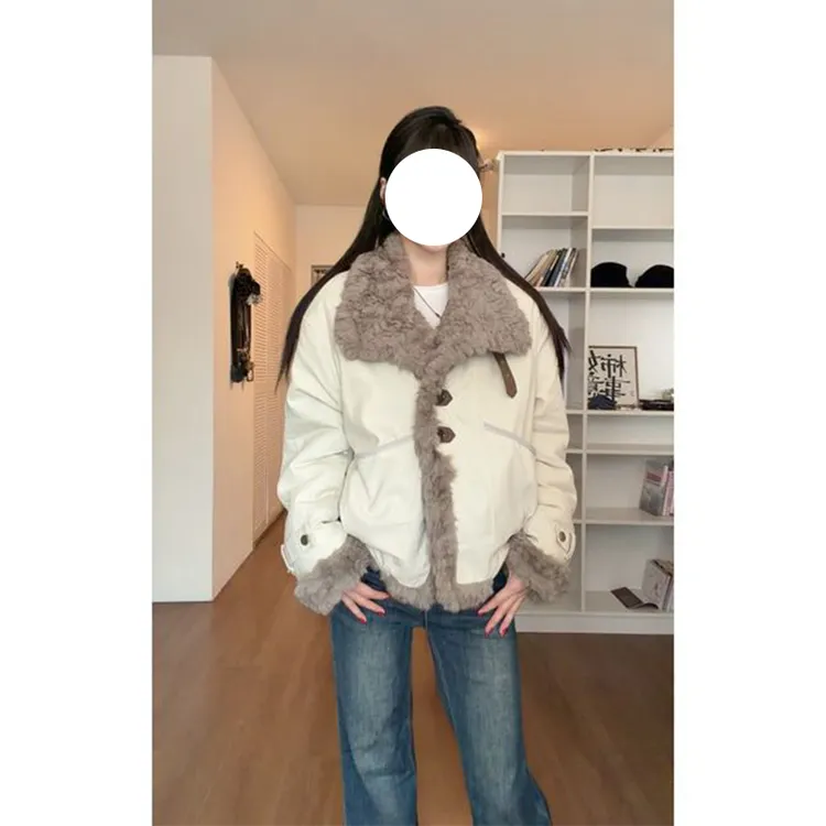 韩系设计感羊羔毛拼接棉服外套冬季大码胖MM复古加厚保暖棉衣棉袄