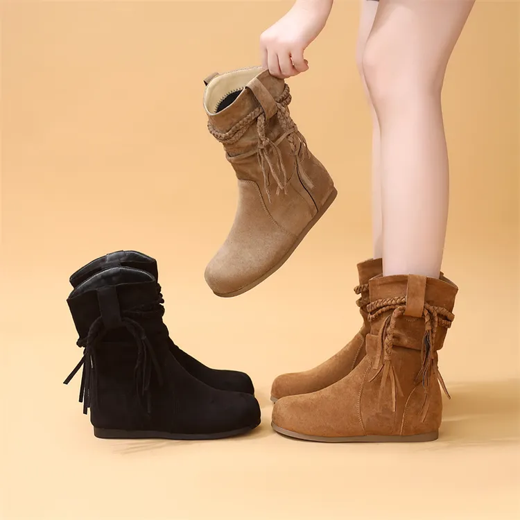 平底两穿复古短靴女2025新款冬季绒面中筒马丁靴爆款勃肯堆堆靴子