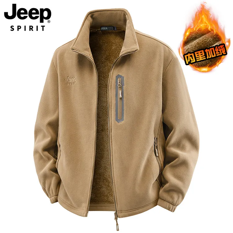吉普时尚秋冬款男士立领加绒夹克宽松时尚潮流百搭上衣外套