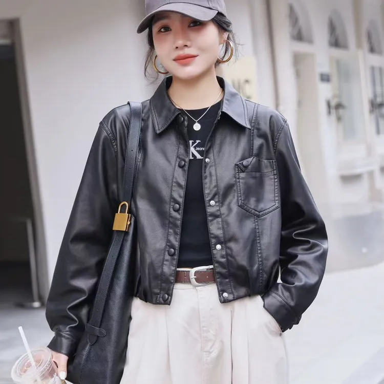 皮衣外套女春秋新款方领水洗PU短款纽扣休闲女装度假风韩系皮夹克