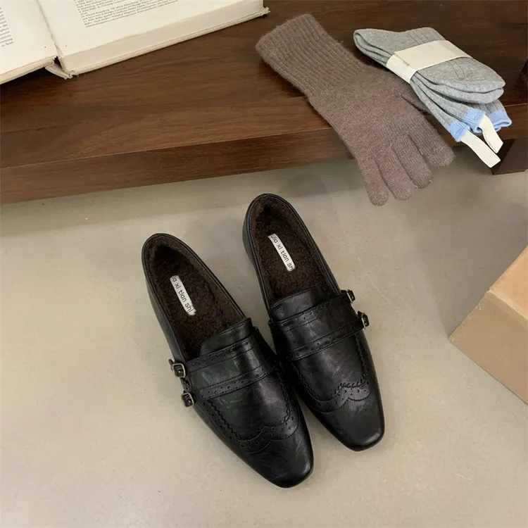 早秋式风百搭显瘦复古纯色低帮平底女式豆豆鞋皮鞋人造材