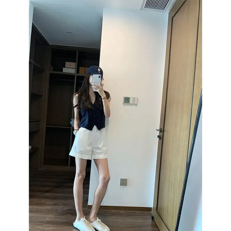 洋气极简风修身无袖马甲背心高腰宽松阔腿长裤百搭显瘦白色短裤女