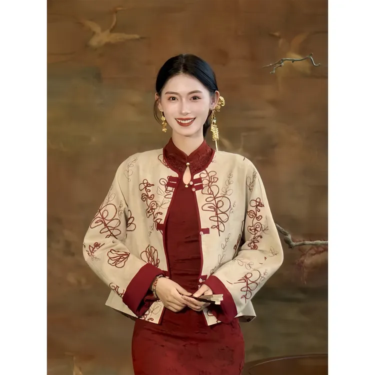 凌茜恣禾【得所愿】国风新中式红色优雅大气修身收腰显瘦旗袍外套