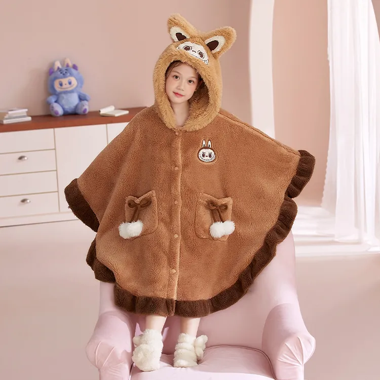 女童睡袍秋冬款珊瑚绒儿童可爱加厚睡衣斗篷宝宝法兰绒浴袍家居服
