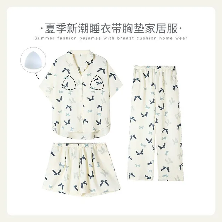 网红新款带胸垫女睡衣夏天短袖短裤长裤可外出家居服三件套时尚