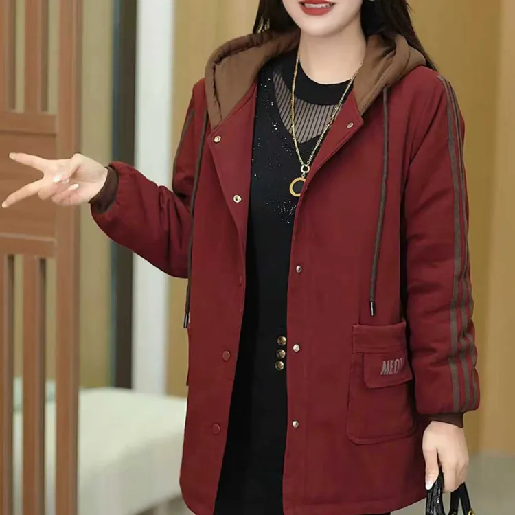 妈妈装加绒大码新款连帽拼色时尚加厚百搭棉服休闲