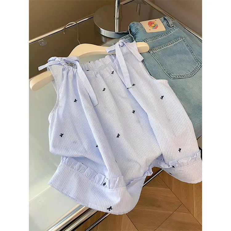 蓝色条纹宽松吊带背心女夏季外穿设计感宽肩带独特绝美无袖小上衣