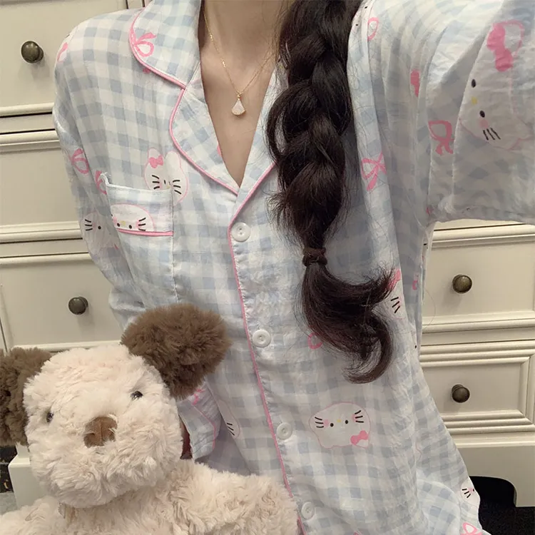 春秋季爆款卡通风格子睡衣女款云朵棉长袖长裤女士家居服休闲套装