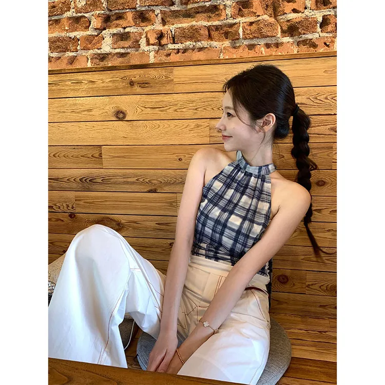 2025夏季新款复古辣妹风格子挂脖吊带背心女高腰阔腿休闲裤两件套