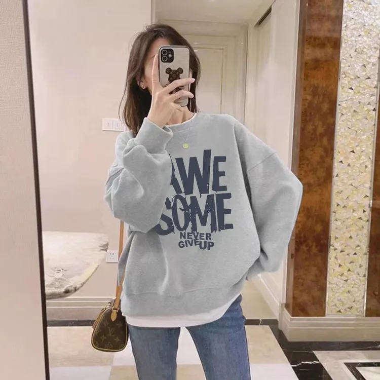 假两件圆领卫衣女2025秋冬新款宽松中长款遮屁股加绒加厚拼接上衣