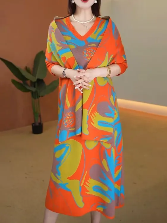 秋冬新款连衣裙夏季长款提花过膝针织毛衣套头妈妈大码女装围巾