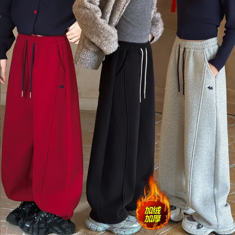 女童加绒裤子冬季新款儿童运动裤休闲卫裤初中生女孩加厚弯刀裤子