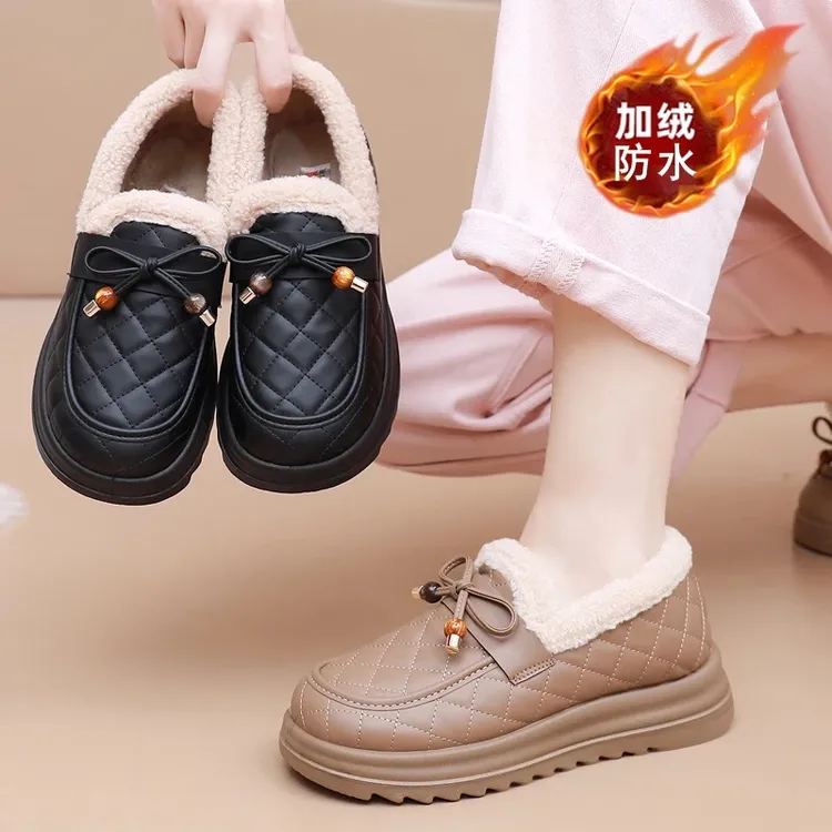 冬季加绒加厚保暖防滑中老年一脚蹬妈妈防水豆豆女毛毛鞋勃肯棉鞋