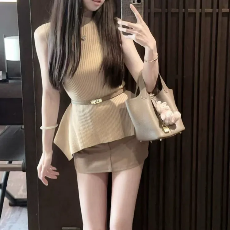 法式设计感小众不规则下摆针织背心女修身显瘦上衣夏新款（配腰带）