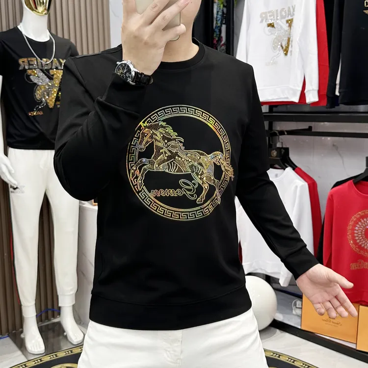 秋冬新款欧洲站潮流烫钻男士长袖休闲百搭高品质修身圆领卫衣