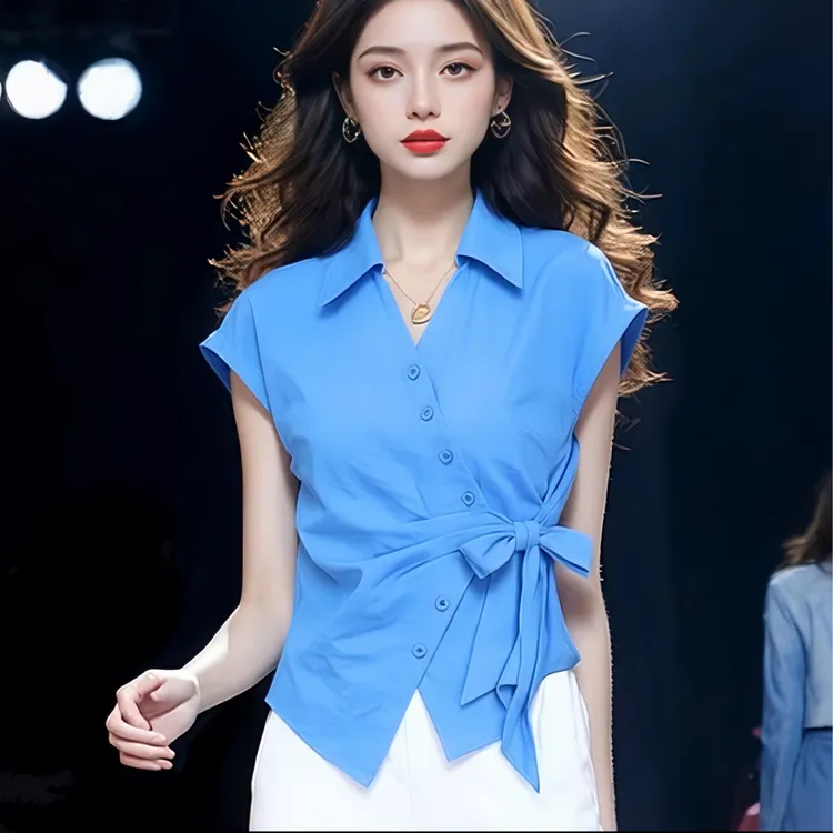 设计绑带侧腰POLO领短袖衬衫女士夏季韩系显瘦时尚单排扣休闲上衣