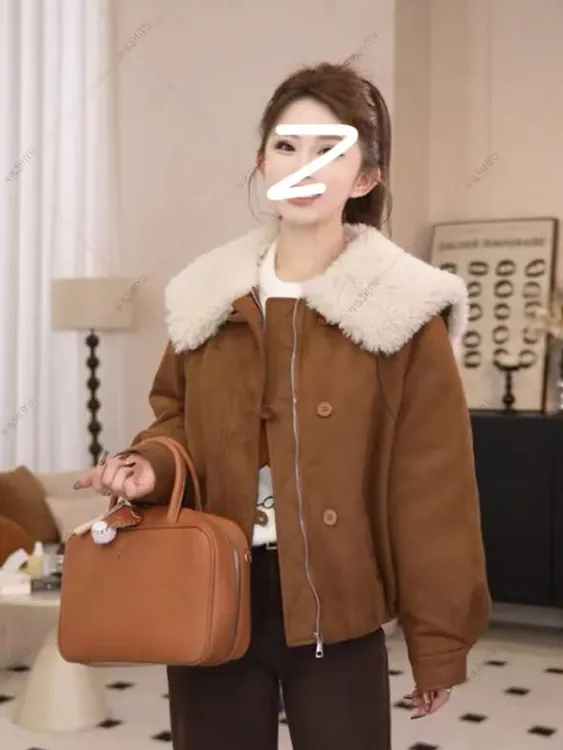 X44525-时尚气质百搭美拉德风毛毛领短外套女秋冬保暖显瘦