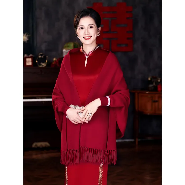 羊毛带袖披肩女喜婆婆妈妈春秋冬季外搭旗袍斗篷外套婚礼披风时尚