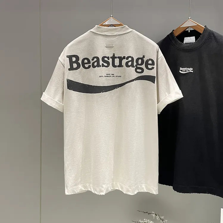 重磅高克重美式休闲圆领短袖男夏季潮牌字母印花做旧渐变感T恤衫