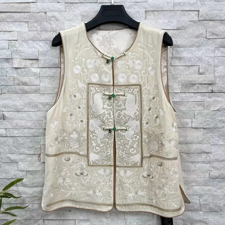 《麒麟绕枝莲》100%桑蚕丝无袖马甲丝绒上衣A1336