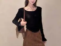 大码女装—2075秋季新款丝绒加蕾丝打底外穿花边显瘦洋气上衣T恤