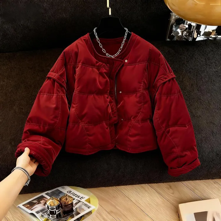 今年流行冬季爆款韩版气质红色丝绒棉服保暖外套女时髦小众面包服