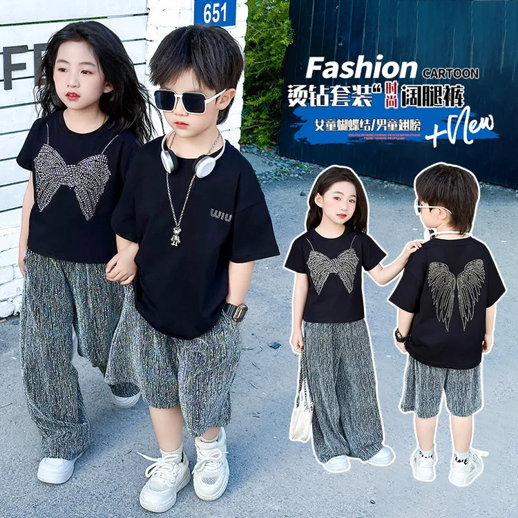 棉绸衣服兄妹装洋气夏季网红时髦短袖套装男女宝宝休闲夏装姐弟