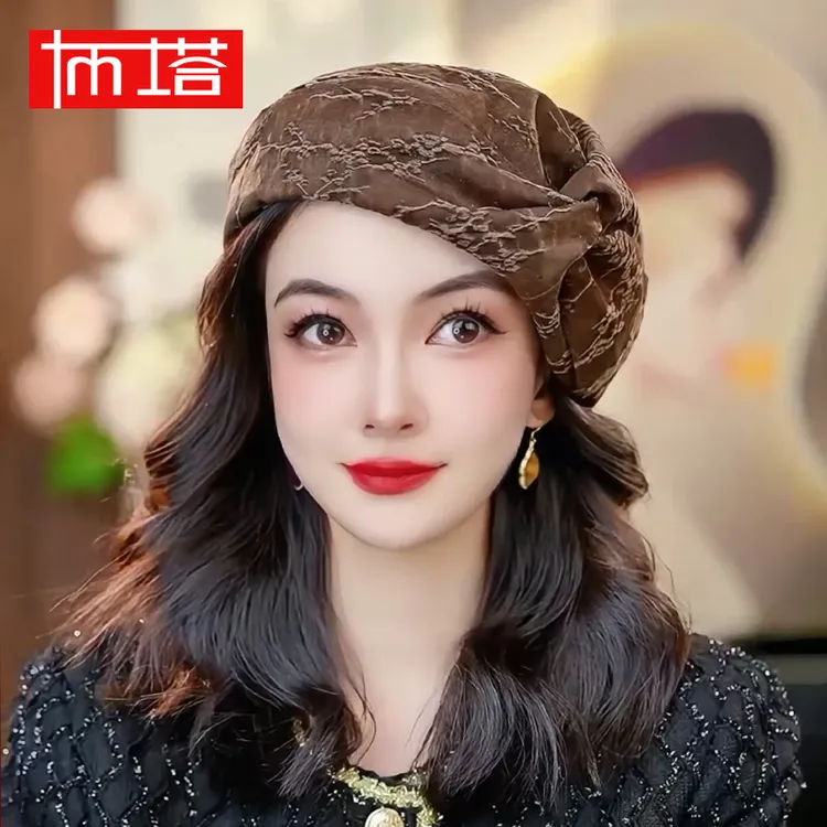 布塔重磅桑蚕丝油丝香云纱遮白发贝雷帽修脸型头型蝴蝶结帽子