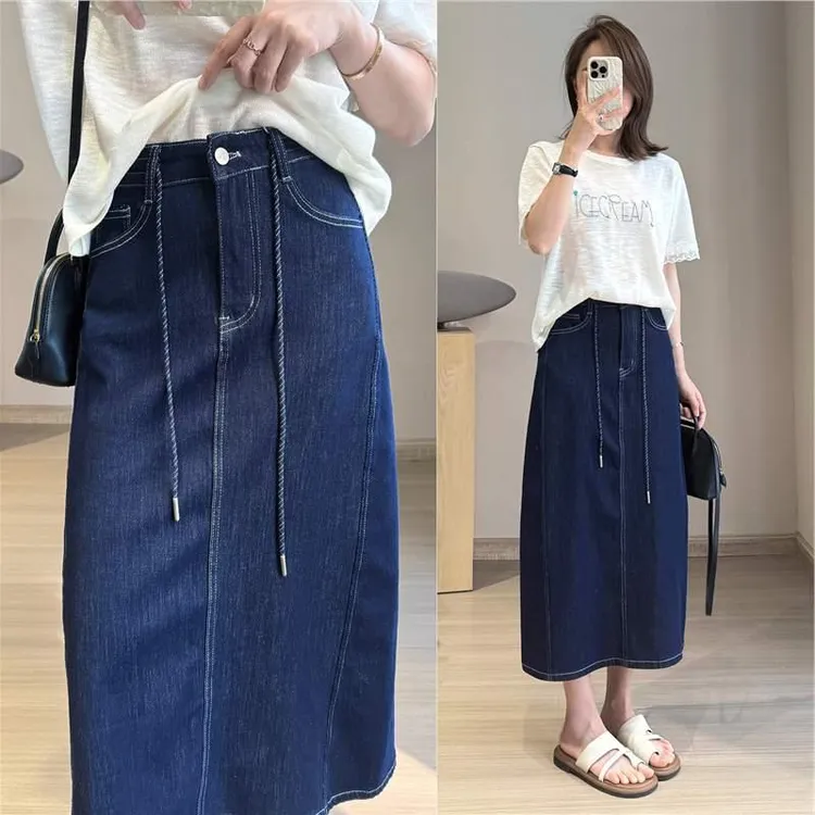 成人时髦穿搭！侧缝前移遮跨半身裙女薄牛仔长裙四面弹锁色深蓝牛