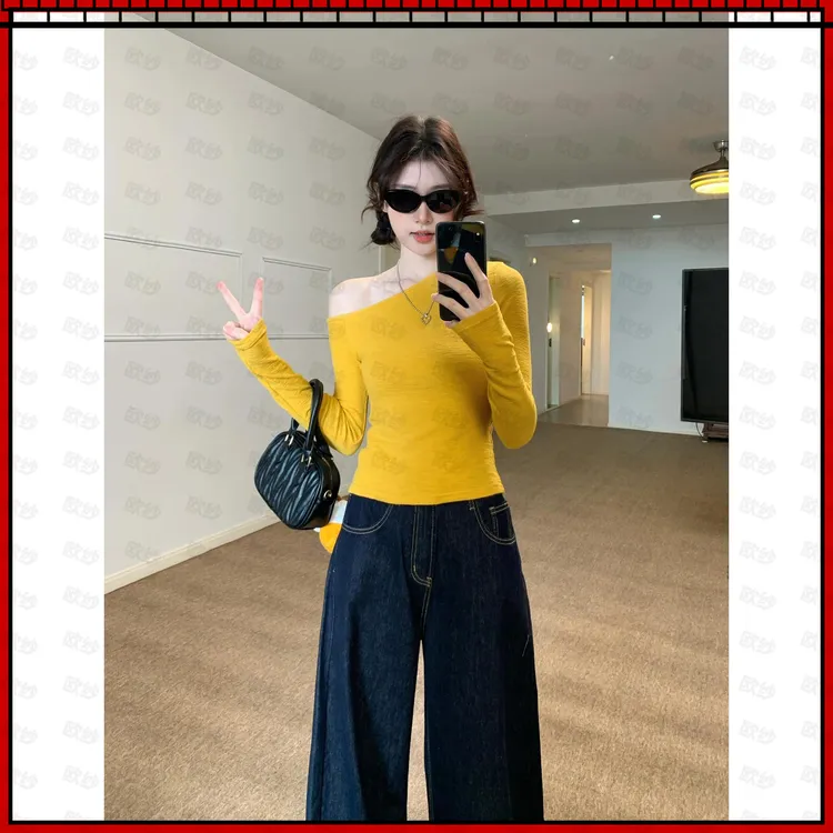 黄色紧身长袖t恤美式辣妹女装2025早春新款修身显瘦收腰长袖上衣