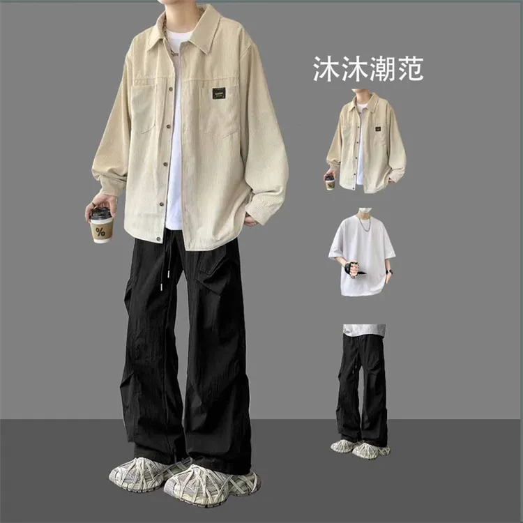 春秋季日系复古灯芯绒长袖潮流男士衬衫套装休闲青少年男装一整套