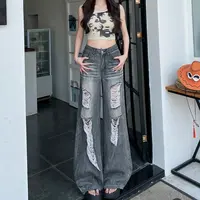 复古水洗灰色破洞牛仔裤女秋季2025新款高腰显瘦直筒裤阔腿拖地裤