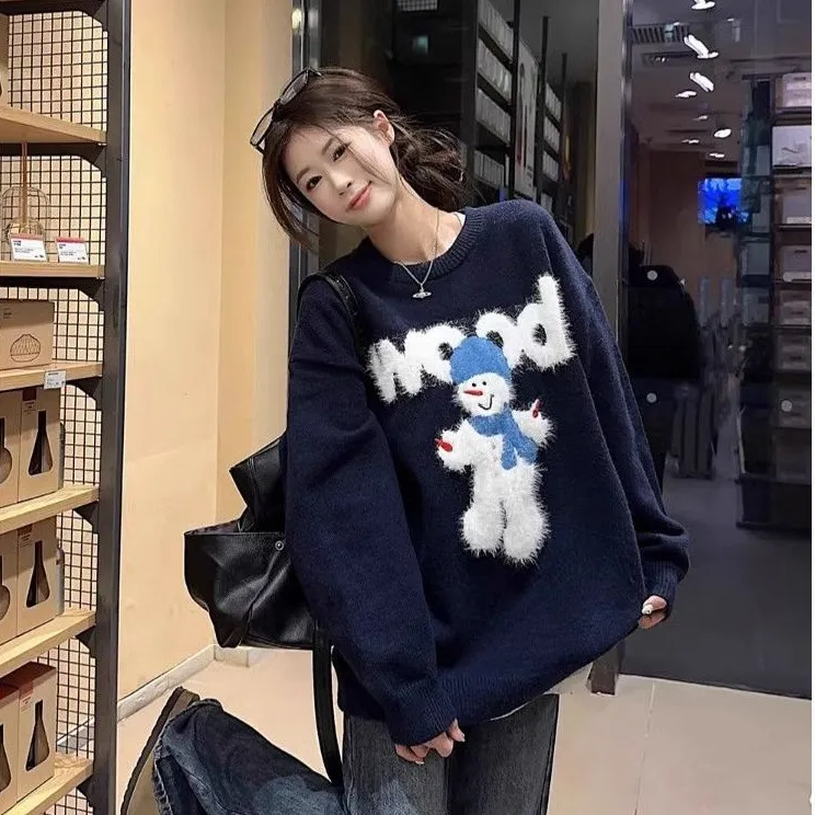 藏青色卡通小雪人慵懒风毛衣女秋冬圆领宽松软糯设计感套头上衣女