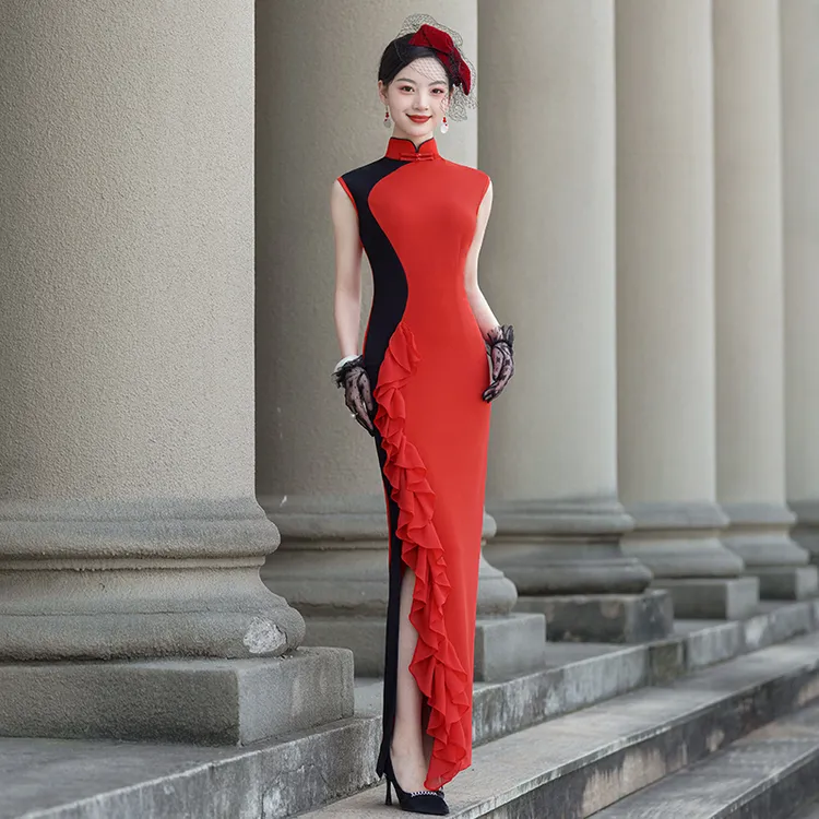 曼娇娘走秀旗袍2025新款时尚气质T台表演礼仪形体模特改良连衣裙