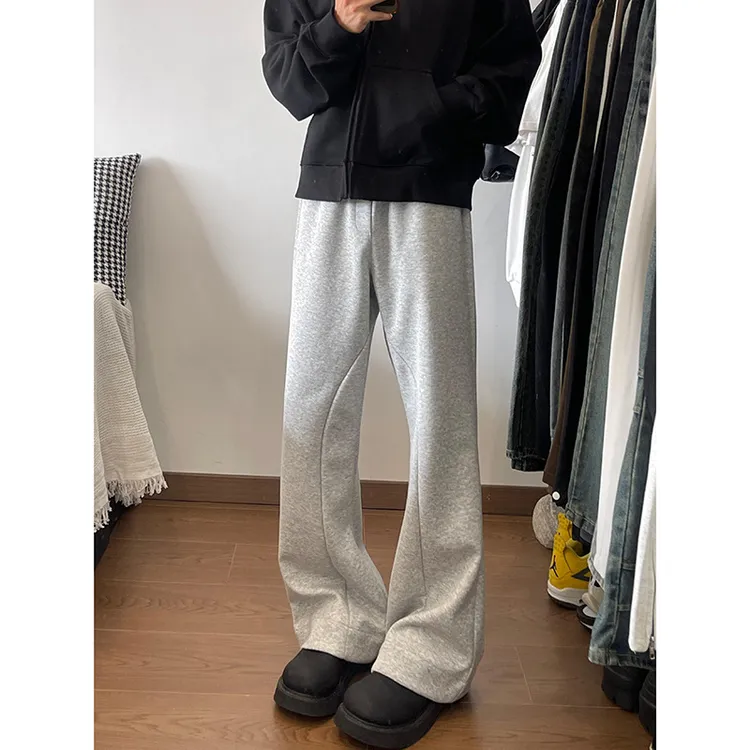 浅灰色弯刀卫裤男秋季拼接设计感微喇裤子潮牌重磅休闲运动直筒裤