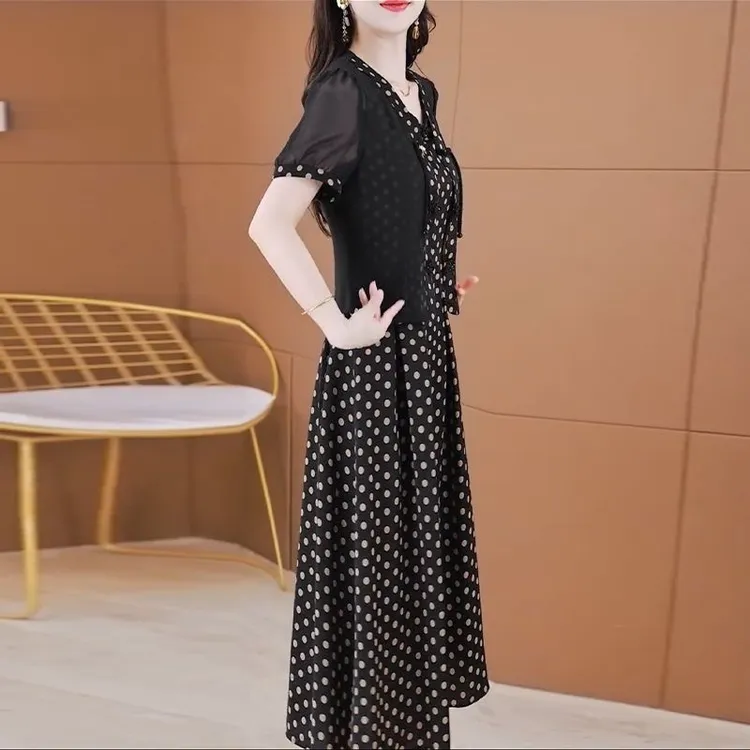 夏季新款优雅气质显瘦波点外衫连衣裙女装两件套