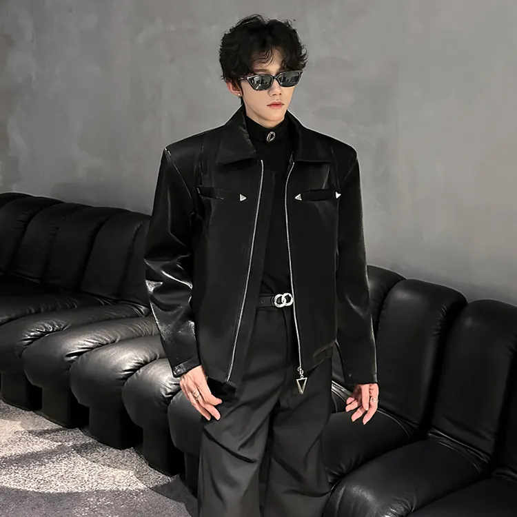 金属解构垫肩外套男款秋冬季高级感痞帅翻领上衣美式复古机车夹克