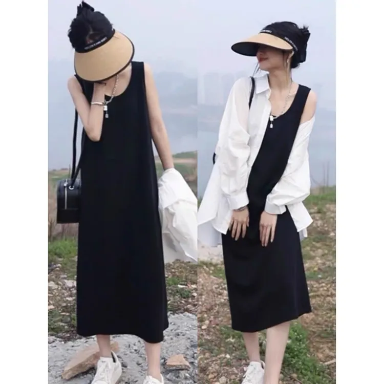 秋装搭配一整套连衣裙女微胖显瘦开叉慵懒风度假风衬衣背心连衣裙